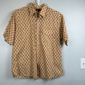 Aarong Bangladesh Men’s XXL Block Print Short Sleeve Button Shirt Beige Red